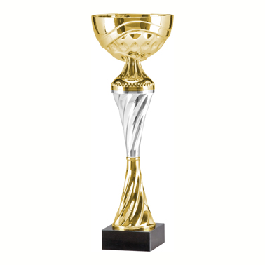 Idrottspris Pokal guld utan öron och med svart marmofot höjd 36cm 360mm